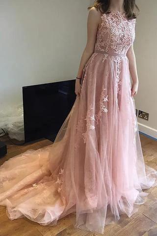 Charming Pink Lace Tulle Open Back Little Train Wedding Dresses WD198 by pgmdress