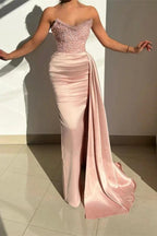 Charming Pink Strapless Sequined Satin Prom Dress with Ruffles by misshow.com