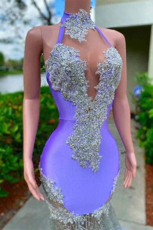 Charming Purple Long Mermaid Halter Satin Tulle Prom Dress by BIZTUNNEL