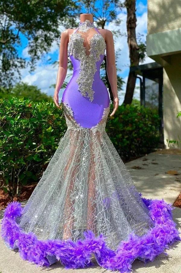 Charming Purple Long Mermaid Halter Satin Tulle Prom Dress by BIZTUNNEL