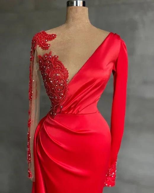 Charming Red Beading Mermaid Prom Dress Side Slit with Lace by misshow.com