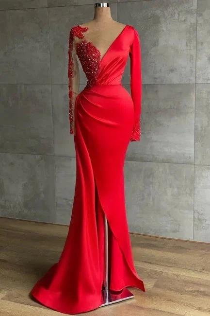 Charming Red Beading Mermaid Prom Dress Side Slit with Lace by misshow.com