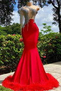 Charming Red Long Mermaid Tassel One Shoulder Satin Backless Prom Dress by BIZTUNNEL