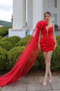 Charming Short Column V-Neck Sleeveless Ruffles Satin Red Prom Dress by misshow.com