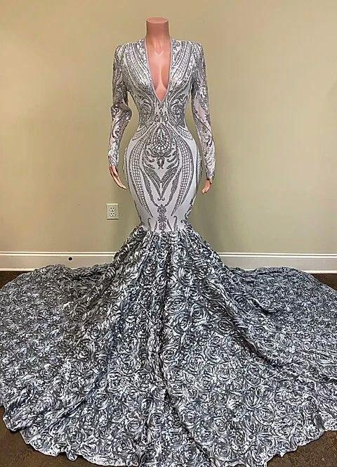 Charming Silver V-neck Long Sleeve Flowers Floor-length Mermaid Prom Dresses by misshow.com