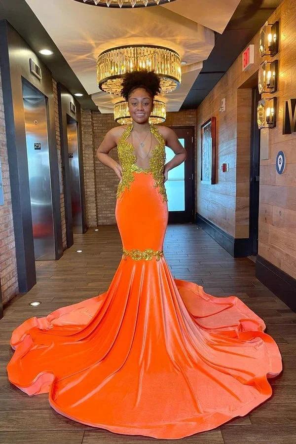 Charming Sleeveless Halter Backless Mermaid Prom Dress With Gold Beading by misshow.com