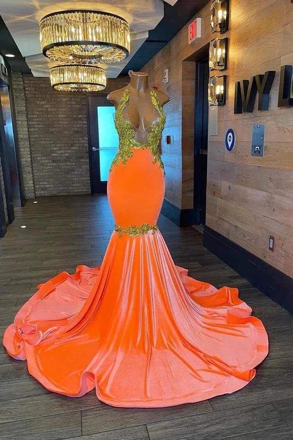 Charming Sleeveless Halter Backless Mermaid Prom Dress With Gold Beading by misshow.com