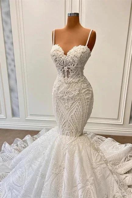 Charming Sleeveless Spaghetti Straps Mermaid Wedding Dress with Ruffles by misshow.com