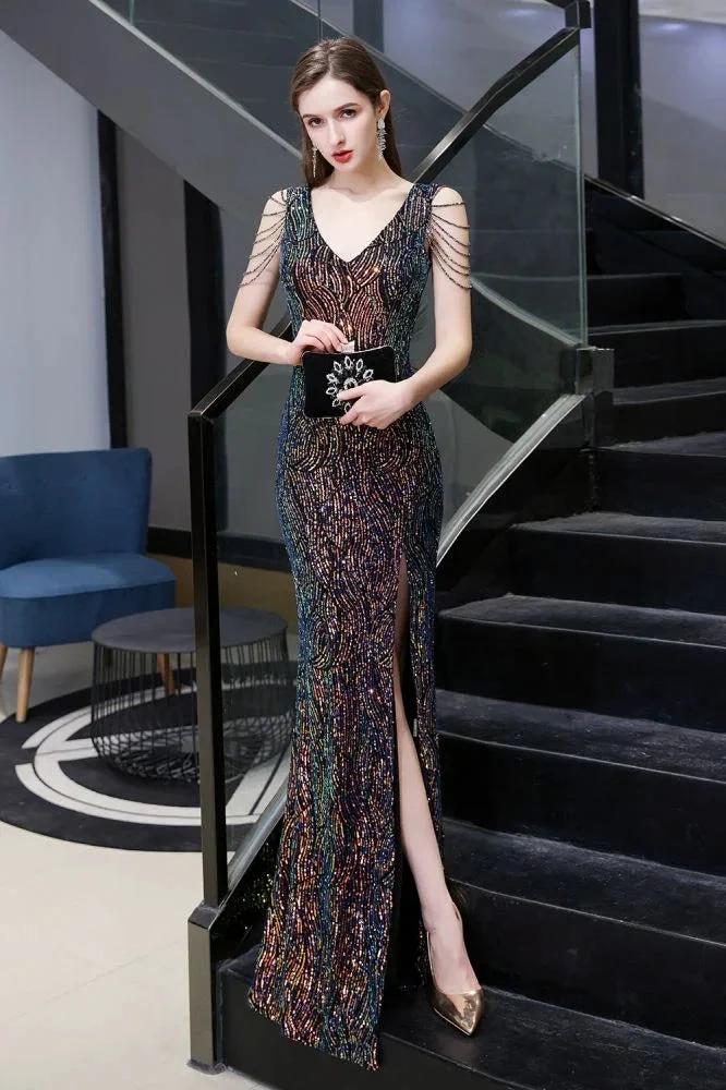 Charming Sparkly Sequins Beading Side Slit Prom Dress Floor Length by misshow.com