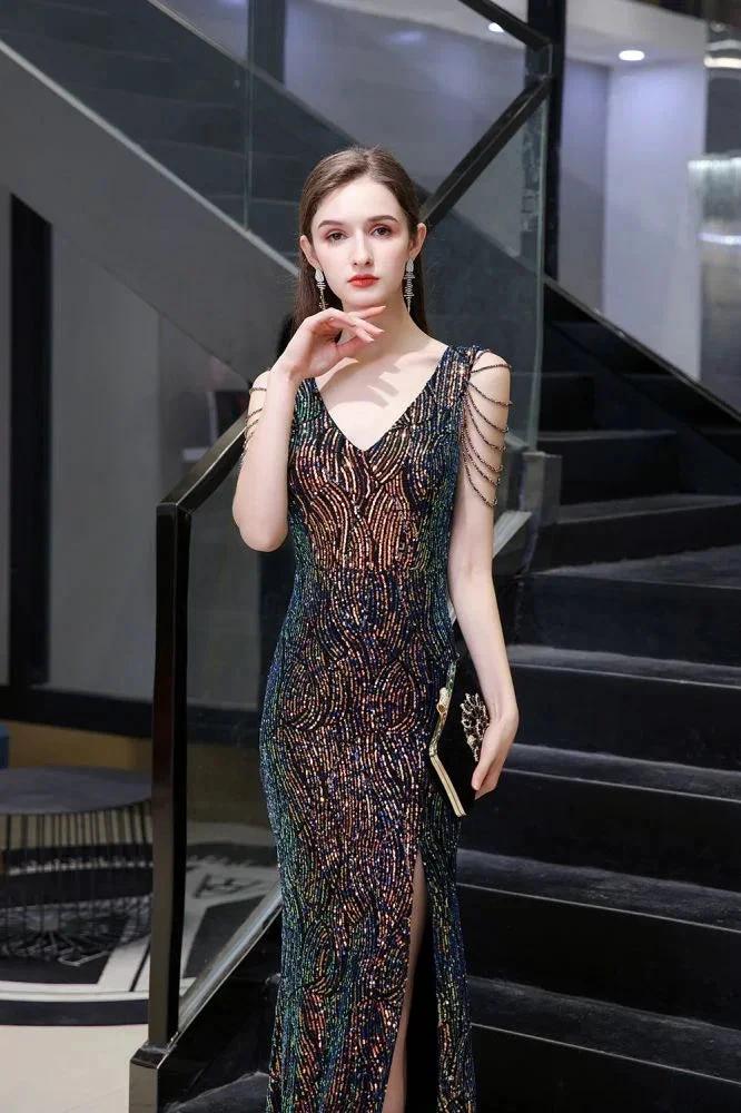 Charming Sparkly Sequins Beading Side Slit Prom Dress Floor Length by misshow.com