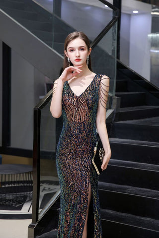 Charming Sparkly Sequins Beading Side Slit Prom Dress Floor Length
