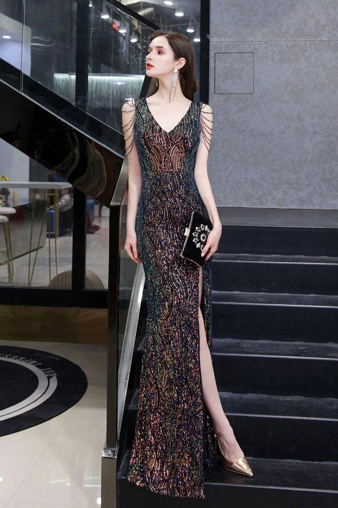 Charming Sparkly Sequins Beading Side Slit Prom Dress Floor Length by misshow.com