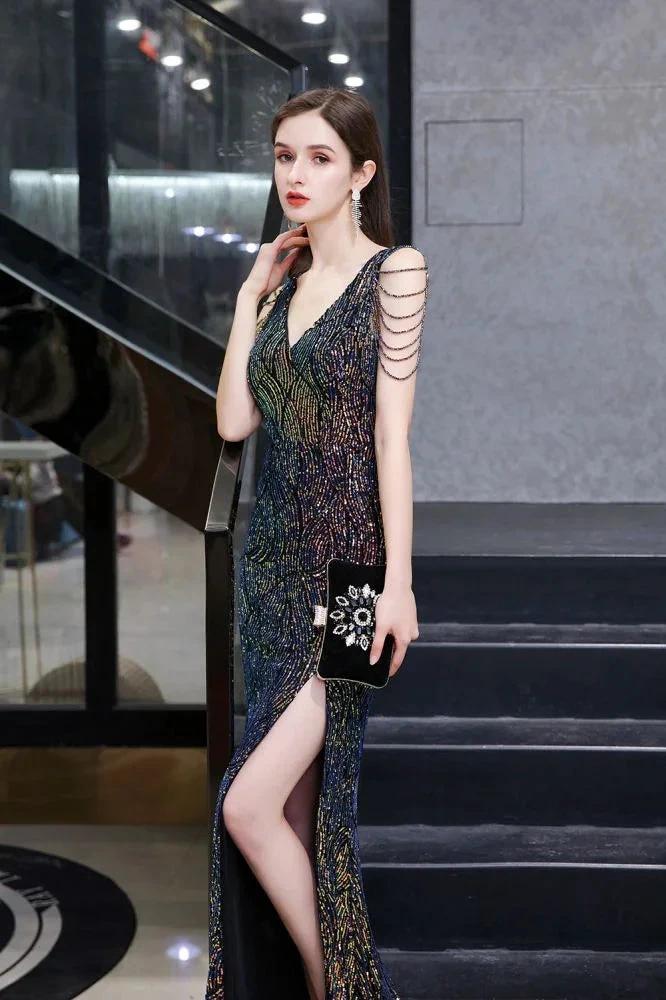 Charming Sparkly Sequins Beading Side Slit Prom Dress Floor Length by misshow.com
