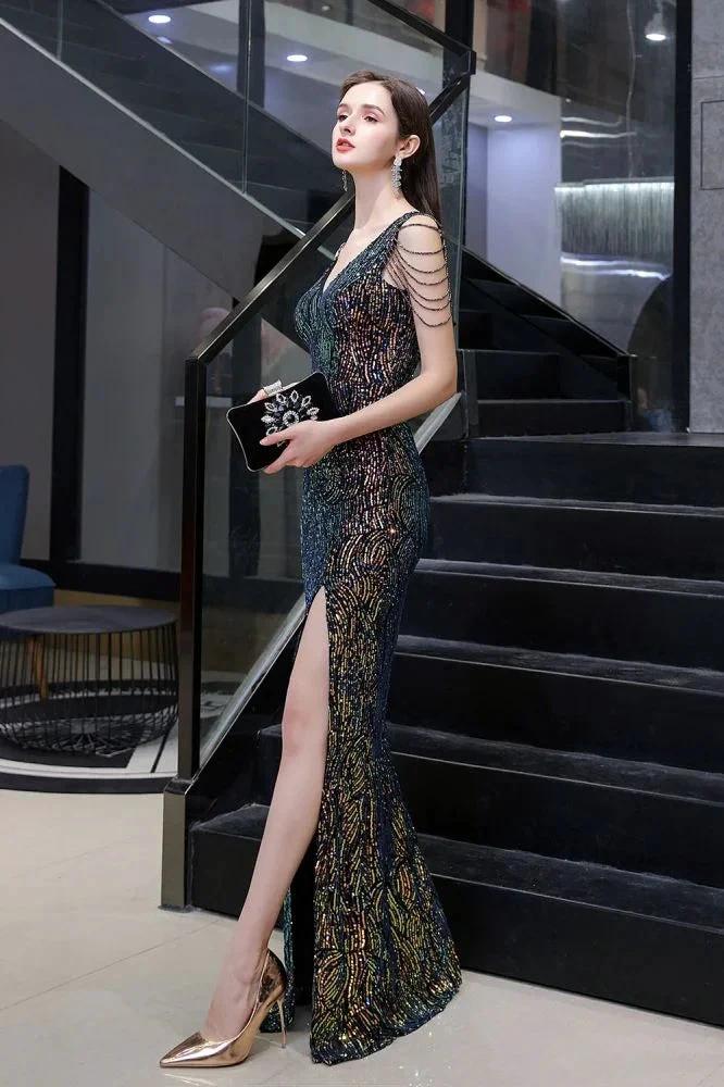 Charming Sparkly Sequins Beading Side Slit Prom Dress Floor Length by misshow.com