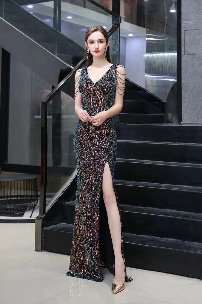 Charming Sparkly Sequins Beading Side Slit Prom Dress Floor Length by misshow.com