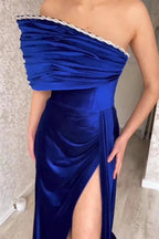 Charming Strapless Royal Blue Split From A-line Satin Prom Dress by misshow.com