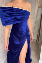 Charming Strapless Royal Blue Split From A-line Satin Prom Dress by misshow.com