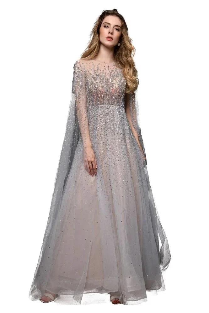 Charming Tulle Floor Length Evening Party Dress Sparkly Beads Prom Dress with Back Cape by misshow.com