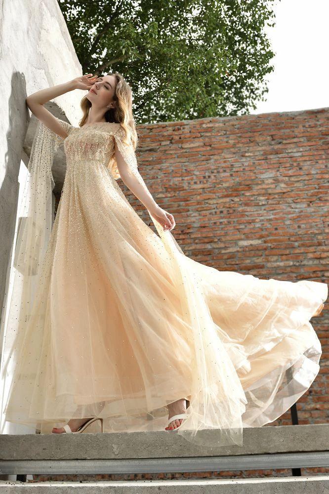 Charming Tulle Floor Length Evening Party Dress Sparkly Beads Prom Dress with Back Cape by misshow.com