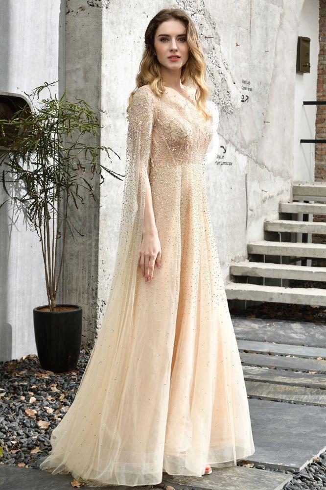 Charming Tulle Floor Length Evening Party Dress Sparkly Beads Prom Dress with Back Cape by misshow.com