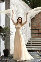 Charming Tulle Floor Length Evening Party Dress Sparkly Beads Prom Dress with Back Cape by misshow.com