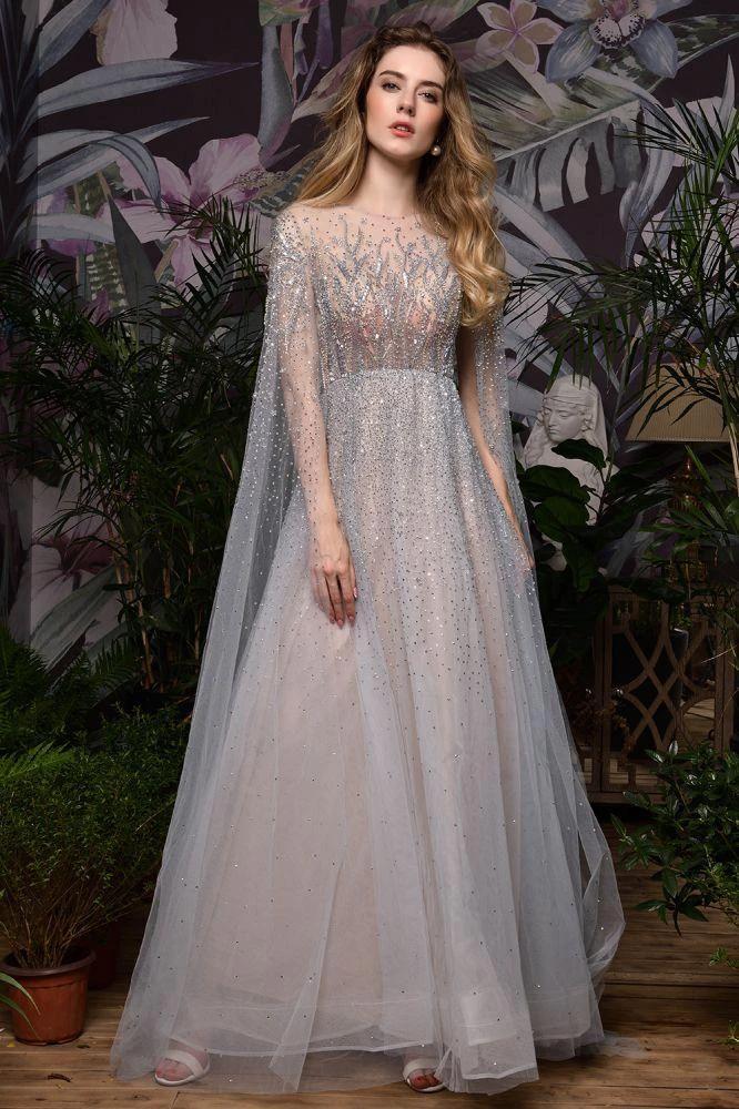 Charming Tulle Floor Length Evening Party Dress Sparkly Beads Prom Dress with Back Cape by misshow.com