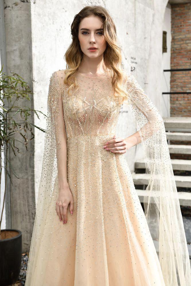 Charming Tulle Floor Length Evening Party Dress Sparkly Beads Prom Dress with Back Cape by misshow.com