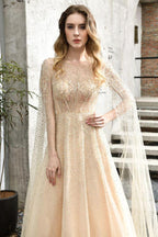 Charming Tulle Floor Length Evening Party Dress Sparkly Beads Prom Dress with Back Cape by misshow.com