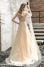 Charming Tulle Floor Length Evening Party Dress Sparkly Beads Prom Dress with Back Cape by misshow.com