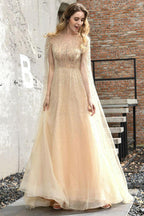 Charming Tulle Floor Length Evening Party Dress Sparkly Beads Prom Dress with Back Cape by misshow.com