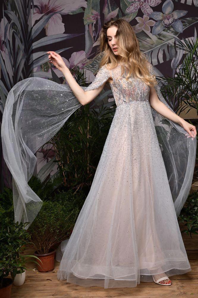 Charming Tulle Floor Length Evening Party Dress Sparkly Beads Prom Dress with Back Cape by misshow.com