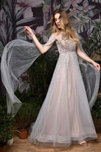 Charming Tulle Floor Length Evening Party Dress Sparkly Beads Prom Dress with Back Cape by misshow.com