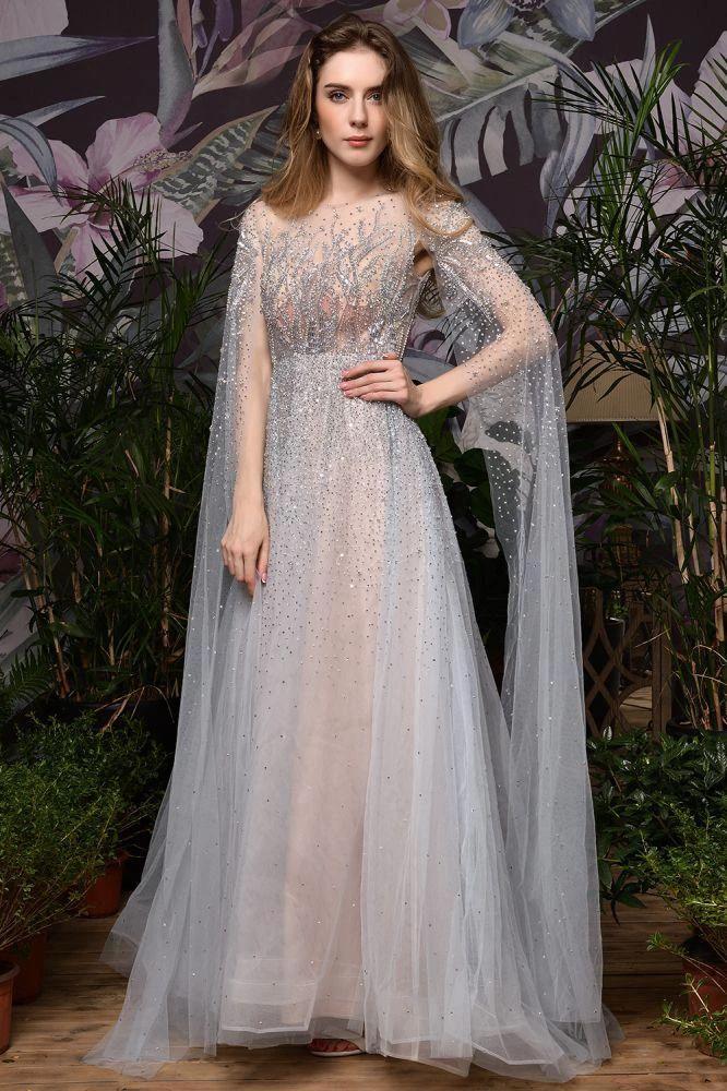 Charming Tulle Floor Length Evening Party Dress Sparkly Beads Prom Dress with Back Cape by misshow.com