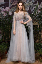 Charming Tulle Floor Length Evening Party Dress Sparkly Beads Prom Dress with Back Cape by misshow.com