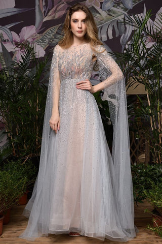 Bezauberndes bodenlanges Abend- und Partykleid aus Tüll mit glitzernden Perlen und Umhang auf der Rückseite