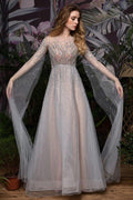Charming Tulle Floor Length Evening Party Dress Sparkly Beads Prom Dress with Back Cape by misshow.com