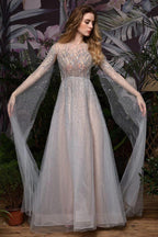 Charming Tulle Floor Length Evening Party Dress Sparkly Beads Prom Dress with Back Cape by misshow.com