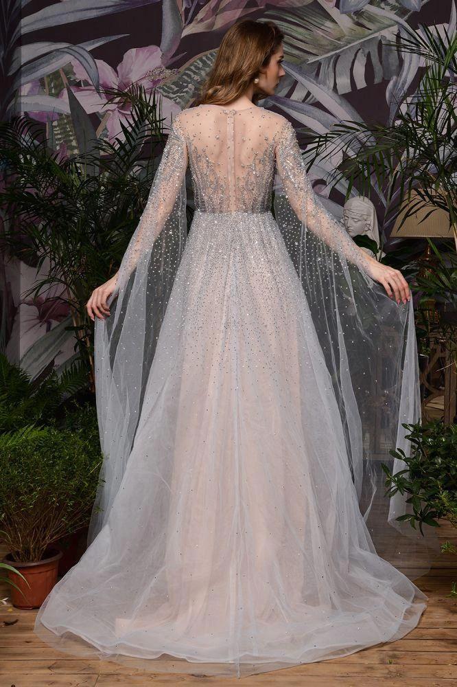 Charming Tulle Floor Length Evening Party Dress Sparkly Beads Prom Dress with Back Cape by misshow.com