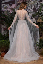 Charming Tulle Floor Length Evening Party Dress Sparkly Beads Prom Dress with Back Cape by misshow.com