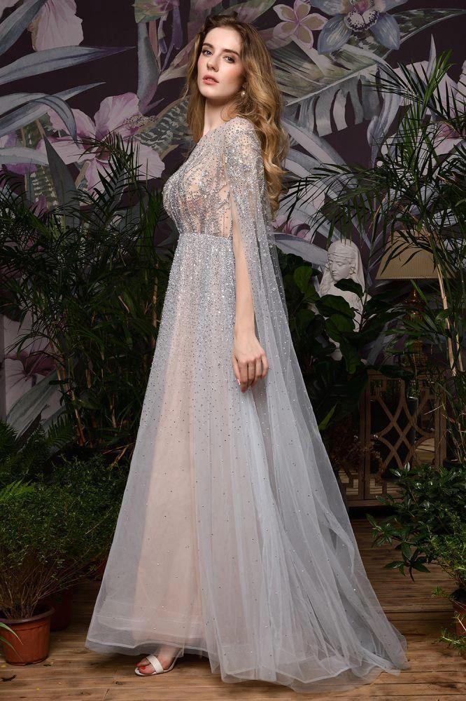 Charming Tulle Floor Length Evening Party Dress Sparkly Beads Prom Dress with Back Cape by misshow.com