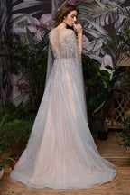 Charming Tulle Floor Length Evening Party Dress Sparkly Beads Prom Dress with Back Cape by misshow.com