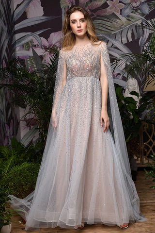 Bezauberndes bodenlanges Abend- und Partykleid aus Tüll mit glitzernden Perlen und Umhang auf der Rückseite