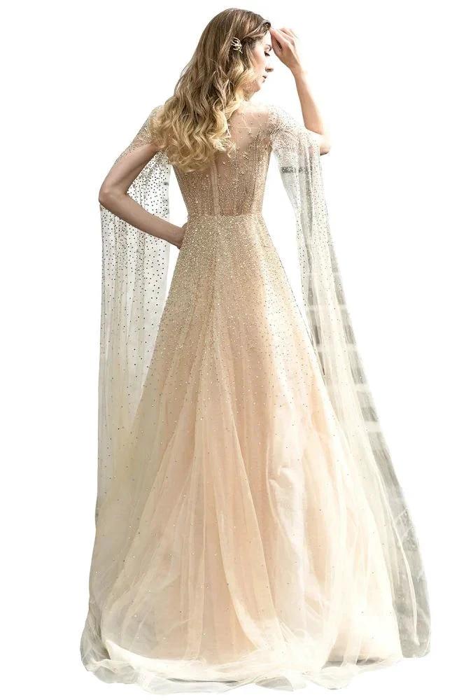 Charming Tulle Floor Length Evening Party Dress Sparkly Beads Prom Dress with Back Cape by misshow.com