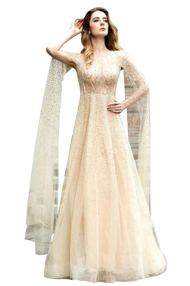 Charming Tulle Floor Length Evening Party Dress Sparkly Beads Prom Dress with Back Cape by misshow.com