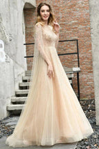 Charming Tulle Floor Length Evening Party Dress Sparkly Beads Prom Dress with Back Cape by misshow.com