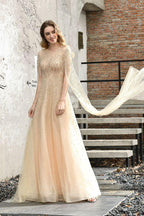 Charming Tulle Floor Length Evening Party Dress Sparkly Beads Prom Dress with Back Cape by misshow.com