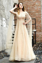 Charming Tulle Floor Length Evening Party Dress Sparkly Beads Prom Dress with Back Cape by misshow.com