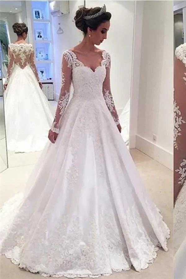 Charming V Neck Appliques A Line Wedding Dress With Long Sleeves WD023 by pgmdress