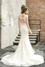 Charming V-Neck Floral Lace Mermaid Bridal Gown Sleeveless Sain Dress For Bride by misshow.com