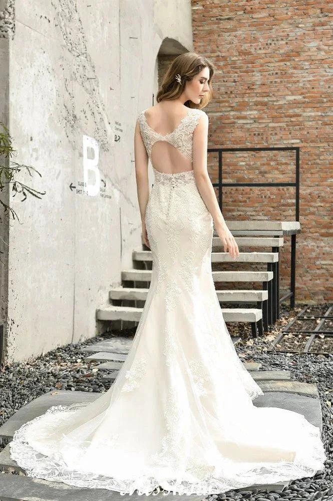 Charming V-Neck Floral Lace Mermaid Bridal Gown Sleeveless Sain Dress For Bride by misshow.com